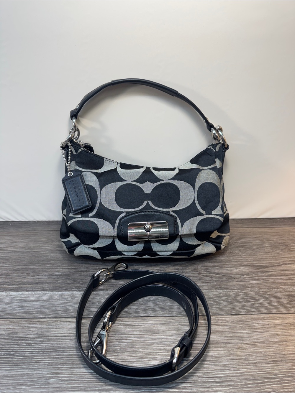 Coach Black and Gray Signature Canvas Shoulder Bag with Detachable Strap